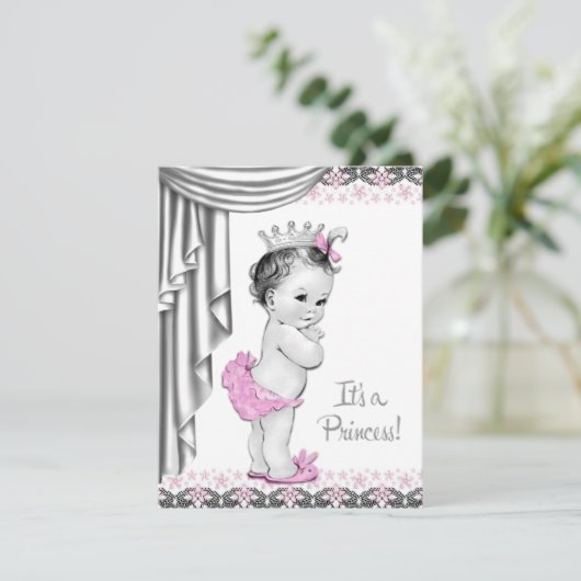 Invitation Princesse rose et gris bébé fille douche (Debout devant)