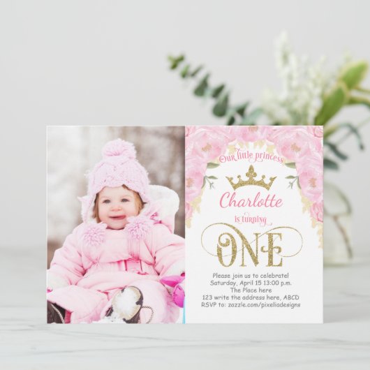 Invitation Princesse rose et or 1er anniversaire (Debout devant)