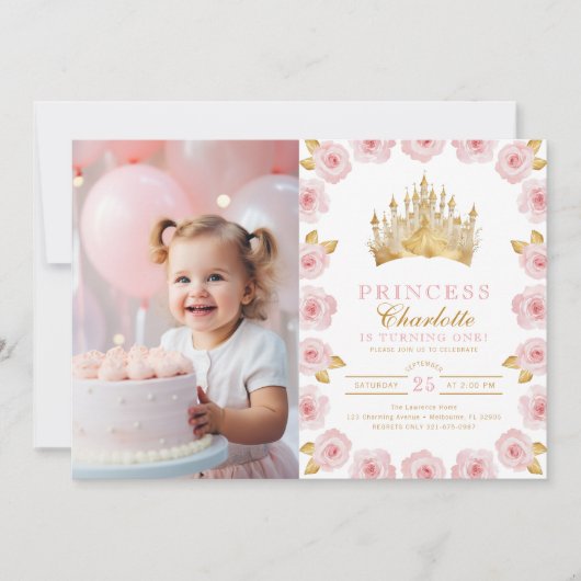 Invitation Princesse rose et or 1er anniversaire Photo (Devant)