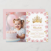 Invitation Princesse rose et or 1er anniversaire Photo (Devant / Derrière)