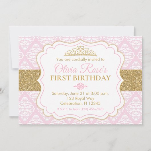 Invitation Princesse rose et or Premier anniversaire (Devant)