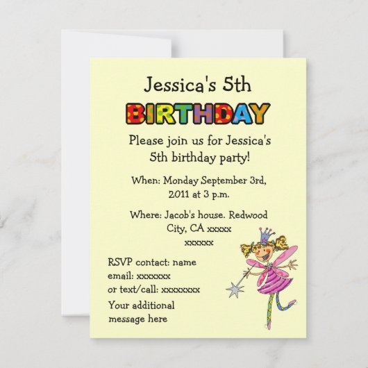 Invitation princesse rose fille de 5 ans (Dos)