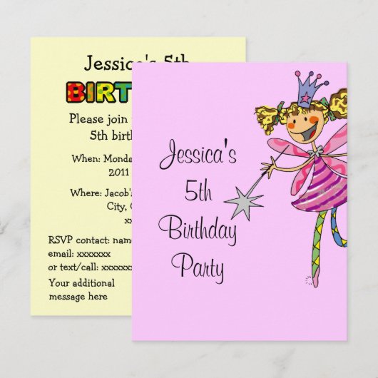 Invitation princesse rose fille de 5 ans (Devant / Derrière)