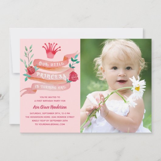Invitation Princesse rose Filles 1er Anniversaire Photo (Devant)