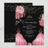 Invitation Princesse rose Floral Twins Quinceañera (Devant / Derrière)
