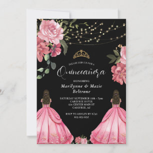 Invitation Princesse rose Floral Twins Quinceañera