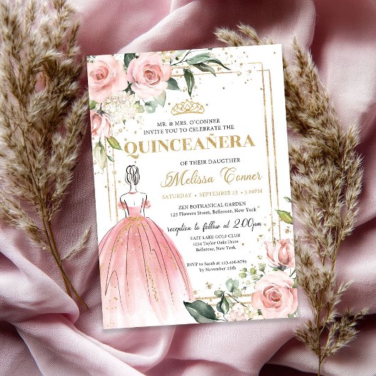 Invitation princesse rose florale floue robe or tiara 15e