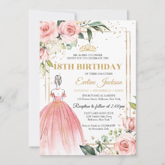 Invitation princesse rose florale floue robe or tiara 18e (Devant)