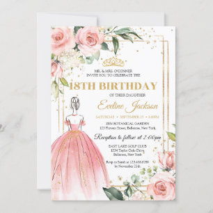 Invitation princesse rose florale floue robe or tiara 18e
