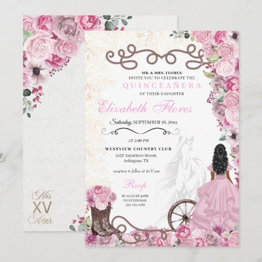 Invitation Princesse rose occidentale Floral Charra Quinceañe (Devant / Derrière)
