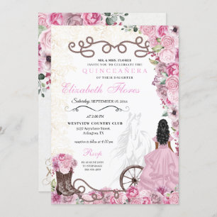 Invitation Princesse rose occidentale Floral Charra Quinceañe