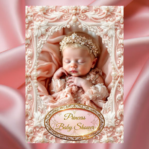 Invitation Princesse Rose Or Bébé Fille Bain de perle Blonde