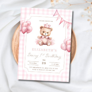 Invitation Princesse Rose Ours en Peluche Ourson 1er Annivers