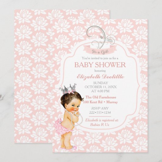 Invitation Princesse Rose Pâle et Bébé Fille Argent (Devant / Derrière)
