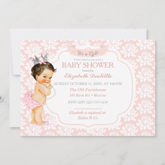 Invitation Princesse Rose Pâle et Bébé Fille Argent (Devant)