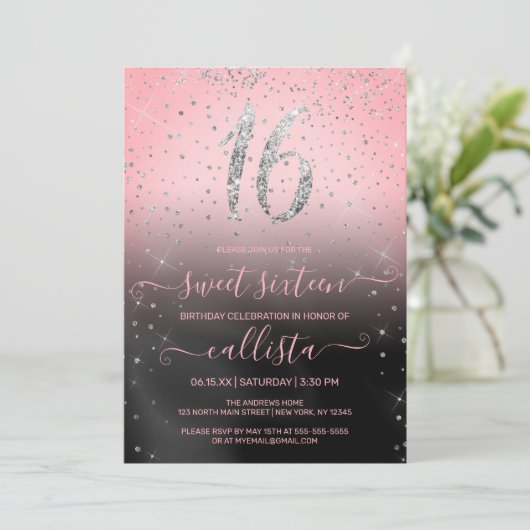 Invitation Princesse rose Parties scintillant en argent Confe (Debout devant)