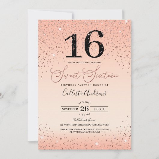 Invitation Princesse Rose Parties scintillant Or Confetti Swe (Devant)
