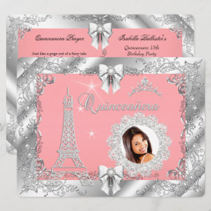 Invitation Princesse Rose PÊCHE Quinceanera Argent PHOTO GRAN