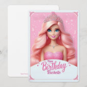 Invitation Princesse rose personnalisée Joyeux anniversaire (Devant / Derrière)