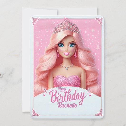 Invitation Princesse rose personnalisée Joyeux anniversaire (Devant)