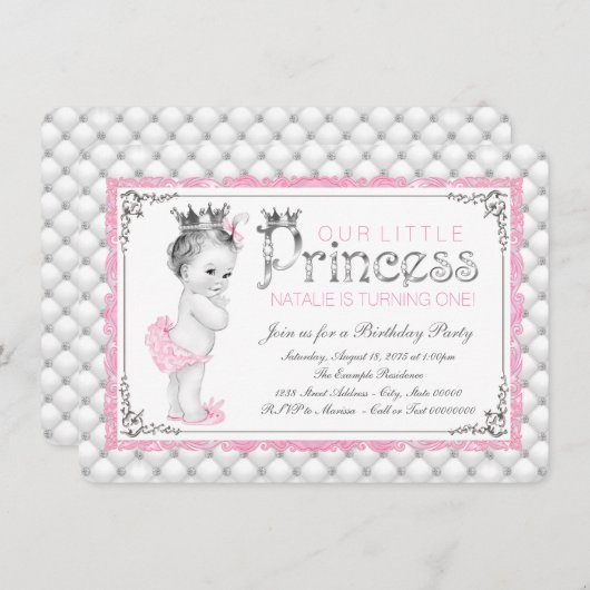 Invitation Princesse rose Premier anniversaire (Devant / Derrière)