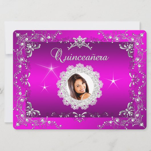 Invitation Princesse Rose Quinceanera Silver Tiara Party (Devant)