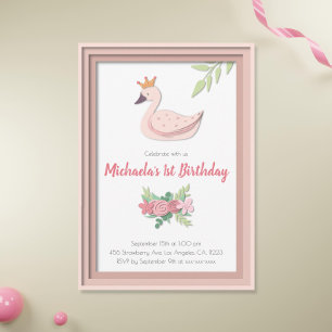 Invitation Princesse Rose Swan Floral Girl Premier anniversai