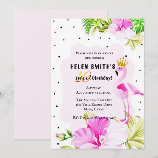 Invitation Princesse rose Tropic Sweet 16 de Flamant rose (Devant / Derrière)