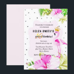 Invitation Princesse rose Tropic Sweet 16 de Flamant rose<br><div class="desc">L'invitation tropicale unique et à la mode de fête d'anniversaire de sweet sixteen comporte un flamant de rose d'aquarelle utilisant une couronne d'or, avec le pois noir mignon sur le contexte encadré par le feuille tropical et les fleurs roses de ketmie. (1) pour davantage de personnalisation, cliquez sur svp le...</div>
