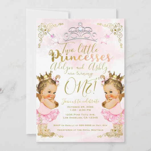 Invitation Princesse rose Tutu & Couronne Twin Girls Annivers (Devant)