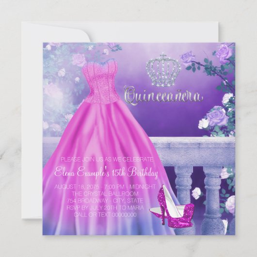 Invitation Princesse Rose Violet Quinceanera (Devant)