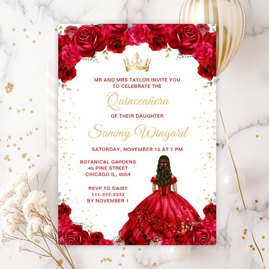 Invitation Princesse Rouge Floral Quinceañera