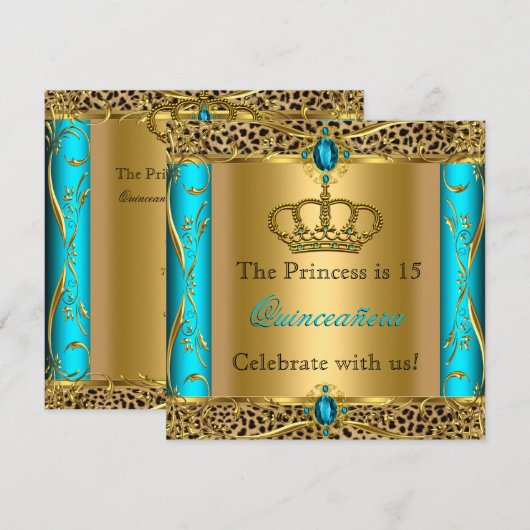 Invitation Princesse Royale Léopard Turquoise Fête de Quincea (Devant / Derrière)