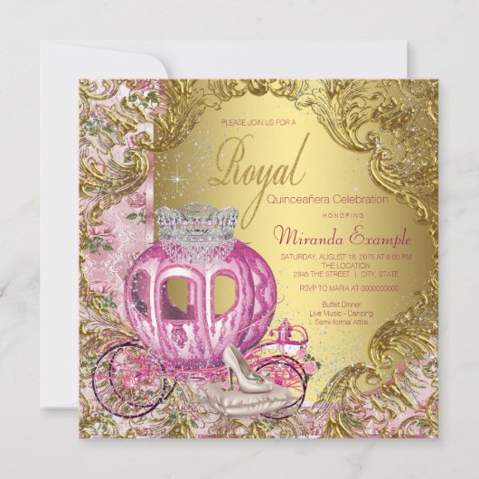 Invitation Princesse Royale Quinceañera Rose et Or (Devant)