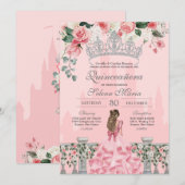 Invitation Princesse royale rose et argent Quinceanera (Devant / Derrière)