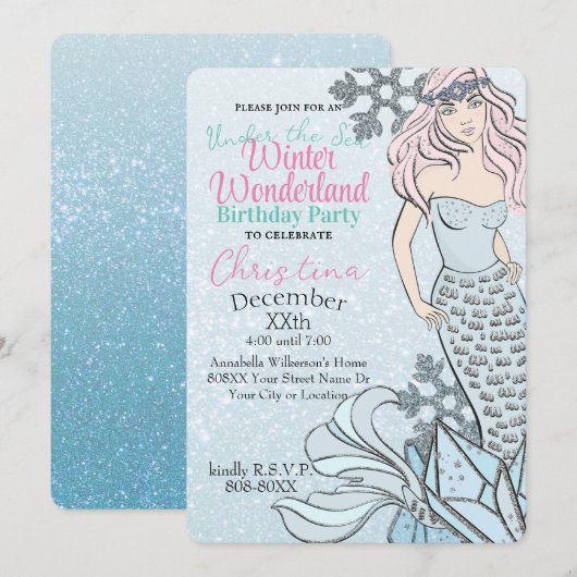 Invitation Princesse Sirène Gelée Thème de Fête d'Hiver (Devant / Derrière)