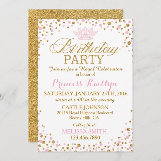 Invitation Princesse Sparkle rose et Parties scintillant or A (Devant / Derrière)