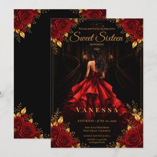 Invitation Princesse Sweet 16 Rouge Or (Devant / Derrière)