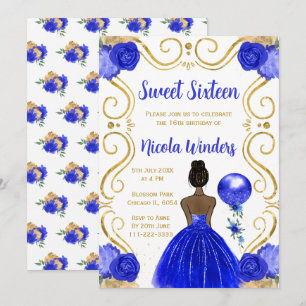 Invitation Princesse sweet sixteen à peau foncée en bleu roya