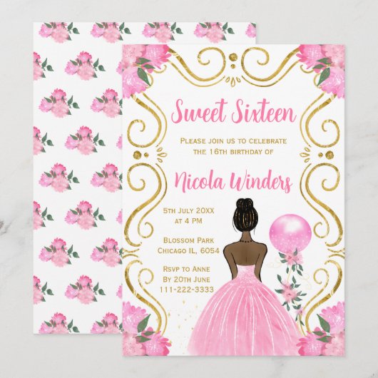 Invitation Princesse sweet sixteen à peau foncée en rose (Devant / Derrière)