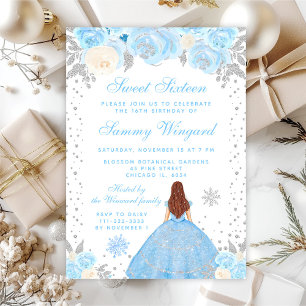 Invitation Princesse Sweet Sixteen Cheveux Bruns Hiver Bleu