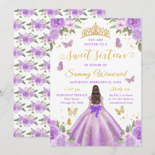 Invitation Princesse Sweet Sixteen Fleurs Violettes Diadème D