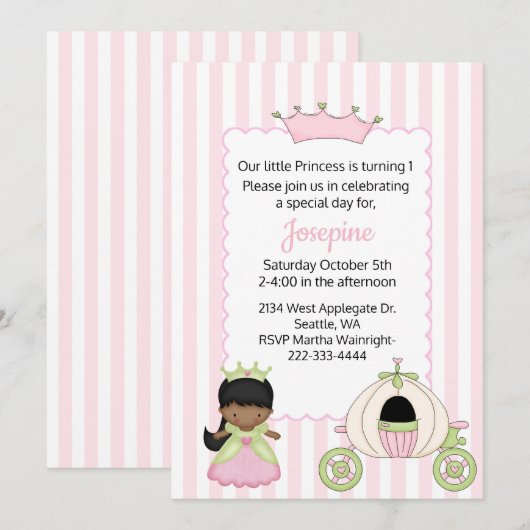 Invitation Princesse Thème Baby Girl Premier anniversaire (Devant / Derrière)