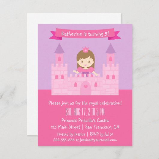 Invitation Princesse Theme, fête d'anniversaire de conte de (Devant / Derrière)