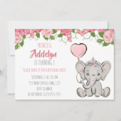 Invitation Princesse Tiara Elephant rose Floral 1er anniversa (Devant)