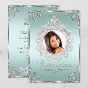 Invitation Princesse Tiara Mint Silver Sparkle Quinceanera
