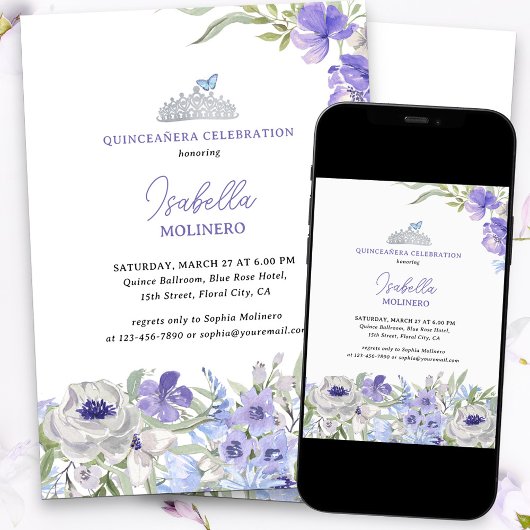 Invitation Princesse Tiara Purple Peri Floral Quinceanera