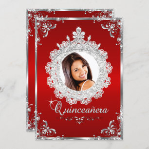 Invitation Princesse Tiara Red Silver Sparkle Quinceanera