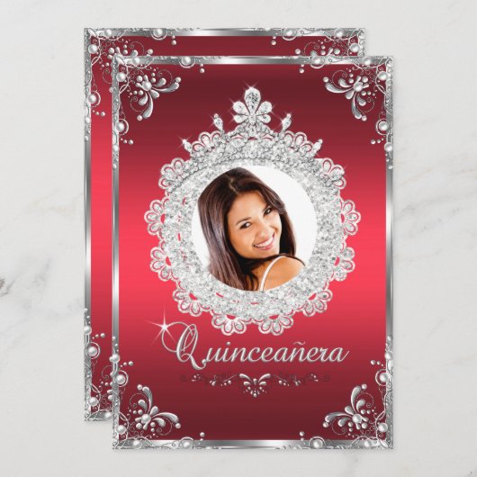 Invitation Princesse Tiara Ruby Red Sparkle Quinceanera (Devant / Derrière)