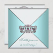 Invitation Princesse Tiara Turquoise Blanc bébé fille douche (Devant / Derrière)